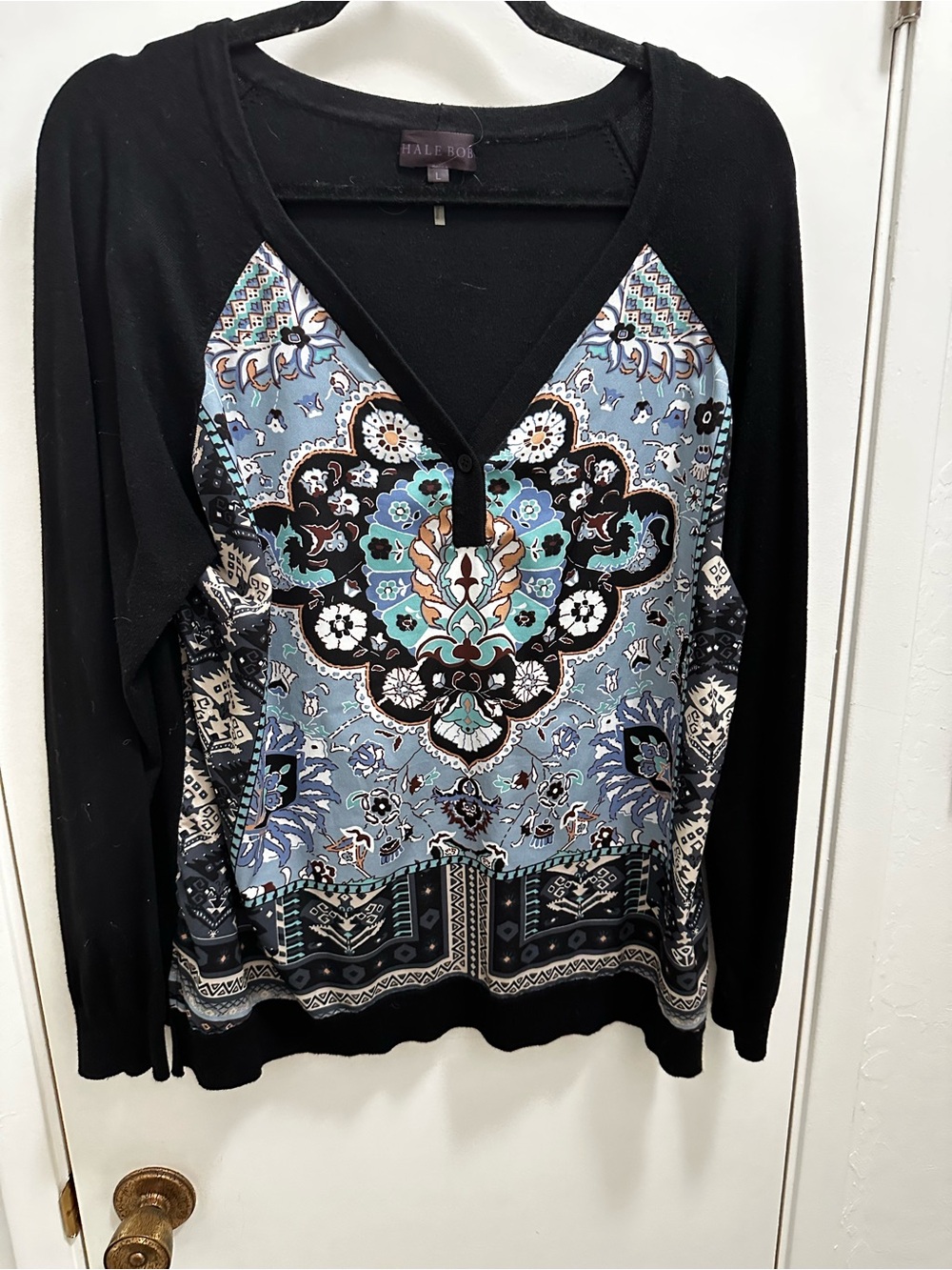 Hale Bob Black Long-Sleeve V-Neck Top with Blue Floral Medallion